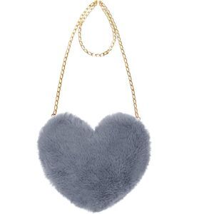 Women Grey Imported Faux Fur Heart Shaped Cute Valentine Clutch Shoulder Bag